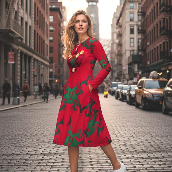 long sleeve red fit and flare dress Long Sleeve Square Neck Fit & Flare Midi Dress