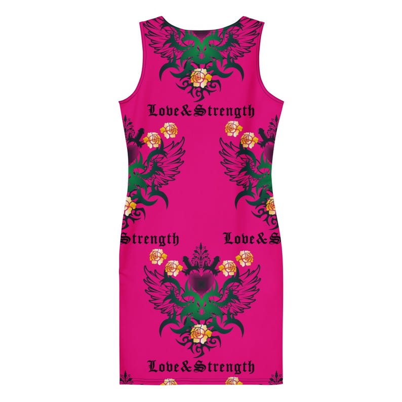 A back-facing flat-lay view of the hot pink tank dress displaying symmetrical winged heart graphics and lettering.