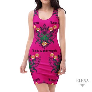 A model with long dark hair wears the hot pink mini dress against a plain white background, with the Elena brand logo in the bottom right corner.