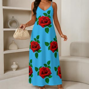 blue dress with red roses Blue Corset Long Satin Dresses With 3D Flowers