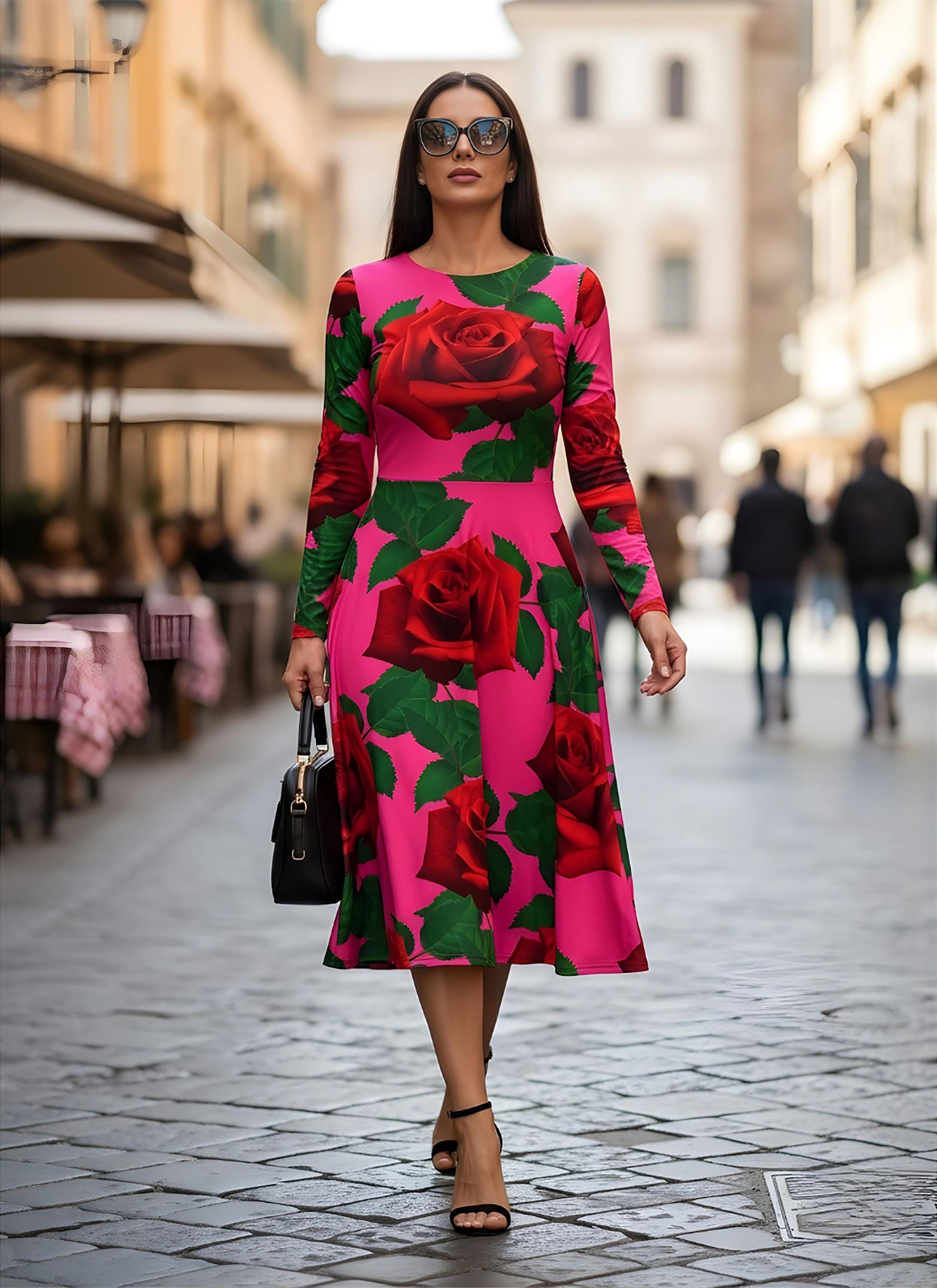 Long Sleeve Rose Print Midi Dress - Etsy