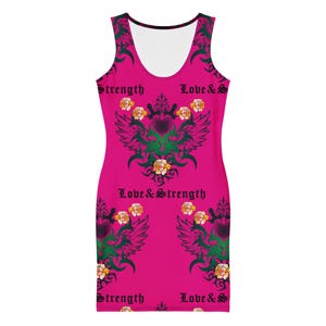 A front-facing flat-lay view of the hot pink tank dress showing the gothic tattoo graphics and floral patterns.