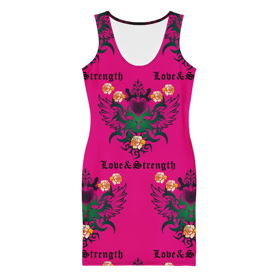 Y2K Hot Pink Tattoo Print Bodycon Dress, Recycled Polyester Stretch Fabric