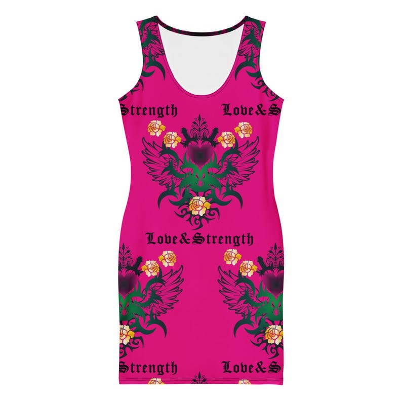 A front-facing flat-lay view of the hot pink tank dress showing the gothic tattoo graphics and floral patterns.