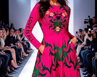 Puede incluir: Un vestido de manga larga hasta la rodilla en color rosa vibrante con un patrón tribal verde oscuro. El pecho muestra un gráfico de corazón con alas y rosas amarillas, mientras que la manga derecha dice LOVE IS ALL en negro.