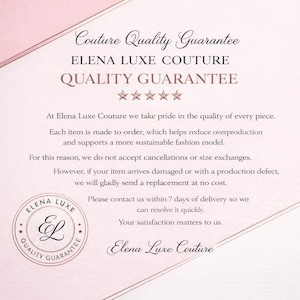 An information graphic detailing the quality guarantee policy with text and a circular seal on a pale pink background.