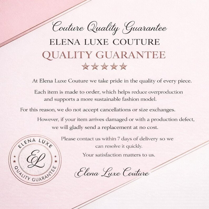An information graphic detailing the quality guarantee policy with text and a circular seal on a pale pink background.