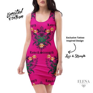 A promotional collage showing the model in the hot pink dress alongside text highlights like Limited Edition and Exclusive Tattoo Inspired Design.