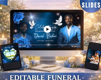 Mall för bildspel med blå och svart begravning, hyllning till livet (Canva, 30 bilder, MP4)