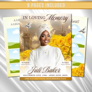 Yellow & Brown Roses Funeral Program Template: 8-Page Memorial (Canva PDF)