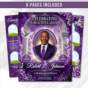 May include: A purple funeral program template featuring a portrait of a man in a suit, white doves, and floral accents. Text includes CELEBRATING A BEAUTIFUL LEGACY, Robert L. Johnson, SUNRISE MAY 12, 1953, SUNSET JUNE 30, 2024, and A Life Remembered With Love.