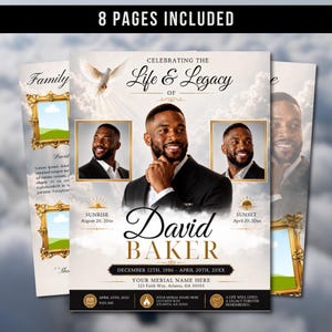 Può includere: Un modello di programma funebre di 8 pagine con una colomba bianca, nuvole e cornici dorate decorate. Il testo recita Celebrating the Life & Legacy of David Baker, con date di alba e tramonto e segnaposto per le fotografie.