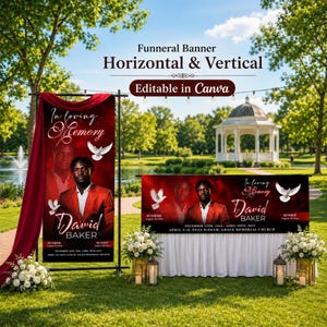 Peut inclure: Un ensemble de bannières funéraires verticale et horizontale avec un fond rouge et noir, le portrait d'un homme en costume rouge, des colombes blanches et le texte In loving Memory David BAKER, Sunrise August 20, 19XX, Sunset April 20, 2025.
