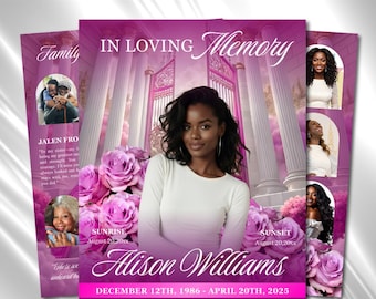 Pink Roses Funeral Program Template: 8-Page Memorial (Canva PDF)