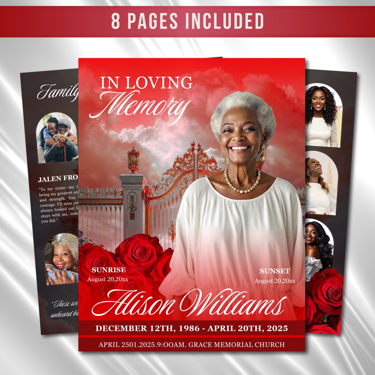 Red Floral Funeral Program Template, 8page Memorial (canva, PDF) Etsy