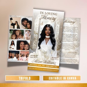 May include: A trifold memorial card with a photo collage, a central portrait, and obituary text. The card features the text "In Loving Memory" and "Alison Williams, December 12th, 1986 - April 20th, 2025". The card is editable in Canva.