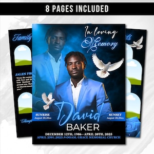 May include: A memorial service announcement with a portrait of a man in a blue suit, the text "In loving Memory" and the name "David Baker". Includes dates, times, and location details. The design features doves and a blue floral accent.