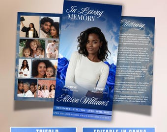 Blue Roses Funeral Programm: Trifold Trauervorlage (17x11 Canva Template)