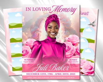 Pink & White Roses Funeral Program Template: 8-Page Memorial (Canva PDF)