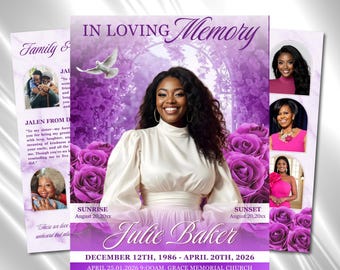 Purple Roses Funeral Pattern: 8-seitiges Trauerprogramm (Canva PDF)