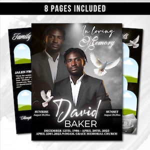 May include: A memorial service template with a portrait of a man in a suit, the text "In loving Memory," and the name "David Baker." Includes dates, times, and location. The words "8 Pages Included" are at the top.