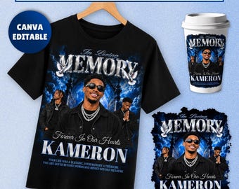 Gedenk-T-Shirt-Vorlage (Canva), Blau, Himmlisch, In liebevoller Erinnerung, Design zur Feier des Lebens
