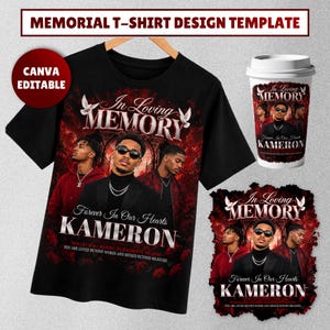 Pode incluir: Uma t-shirt preta e uma caneca a condizer com um design memorial com o texto In Loving Memory e Kameron. O gráfico inclui três imagens de um homem com óculos de sol, rosas vermelhas e pombas brancas num fundo vermelho escuro.