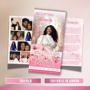 Könnte beinhalten: Eine rosa dreifach gefaltete Gedenkkarte mit dem Text "In Loving Memory" und "Obituary". Die Karte zeigt ein Foto einer Frau, florale Akzente und den Namen "Julie Baker". Zusätzliche Fotos und Text sind enthalten.