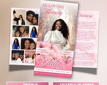Trauerprogramm mit Pink Roses: Trifold Trauervorlage (17x11 Canva Template)