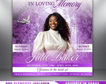 Purple Roses Traueranzeige Flyer: Nachruf, Feier des Lebens (Canva Template PDF)