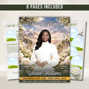 May include: A memorial program template featuring a portrait of a person in a white dress, surrounded by white roses, stone pillars, and flying doves against a sunset sky. Text includes IN LOVING MEMORY, Sarah Williams, and dates.