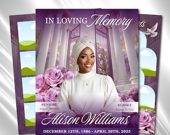 Purple Floral Funeral Program Template, 8-Page Memorial (Canva, PDF)