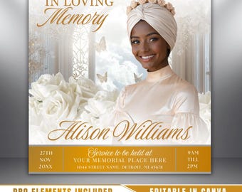 White Gold Roses Funeral Announcement Flyer: Obituary, Celebration of Life (Canva Template PDF)