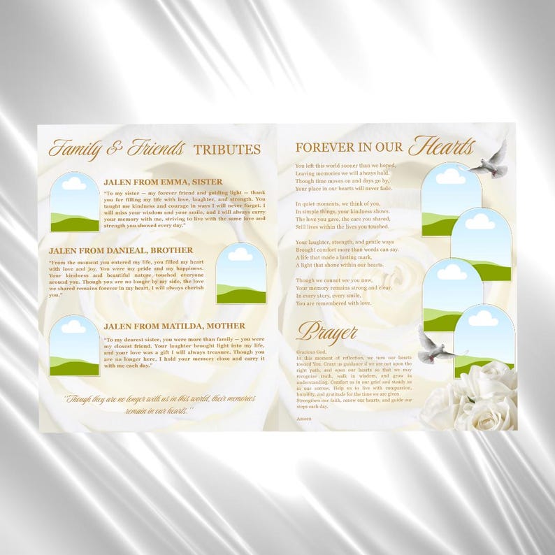 White Gold Roses Funeral Program Template: 8-Page Memorial (Canva PDF) image 5