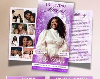 Purple Roses Funeral Programm: Trifold Trauervorlage (17x11 Canva Template)