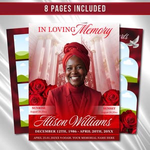 Modèle de programme de funérailles florales rouges, 8 pages commémoratives (Canva, PDF)