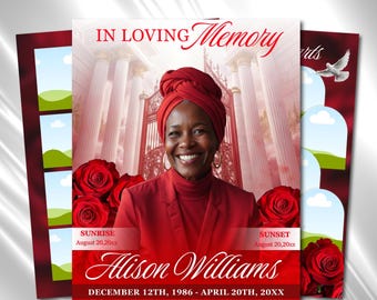 Red Floral Funeral Program Template, 8-Page Memorial (Canva, PDF)