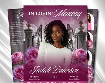 Pink Floral Funeral Program Template, 8-Page Memorial (Canva, PDF)