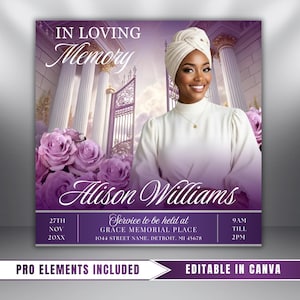 Purple Roses Funeral Announcement Flyer: Obituary, Celebration of Life (Canva Template PDF)