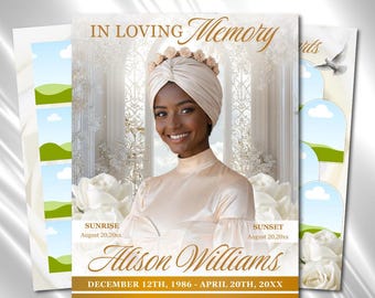 White Gold Roses Funeral Program Template: 8-Page Memorial (Canva PDF)