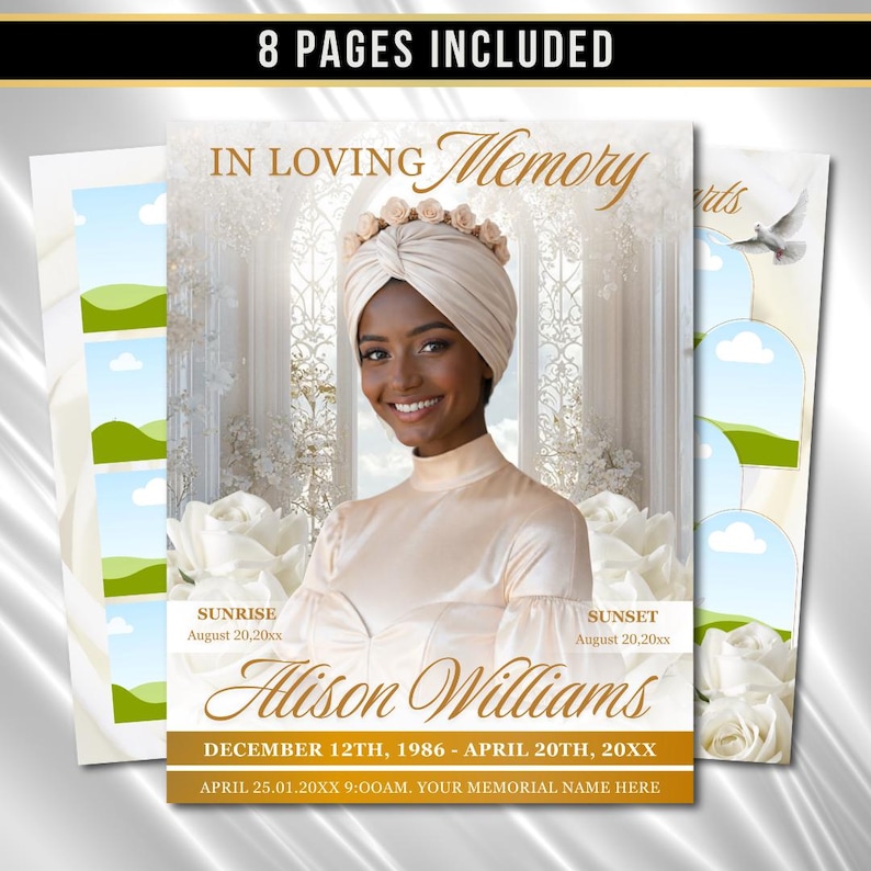 White Gold Roses Funeral Program Template: 8-Page Memorial (Canva PDF) image 1
