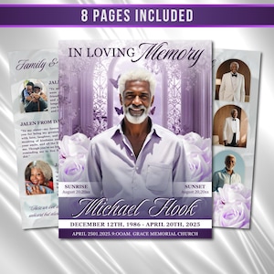 May include: A memorial service template with a purple and white floral design. The central image features a smiling man. Text includes "In Loving Memory", dates, and "8 Pages Included".