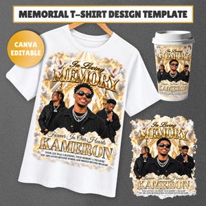 Pode incluir: Uma t-shirt branca, um copo de papel e uma impressão gráfica com um design memorial para Kameron. O design inclui texto dourado com In Loving Memory, Forever In Our Hearts, Kameron e uma foto de uma pessoa usando óculos de sol.