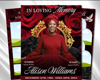 Red & Black Roses Funeral Programm Vorlage: 8-seitiges Trauerbild (Canva PDF)
