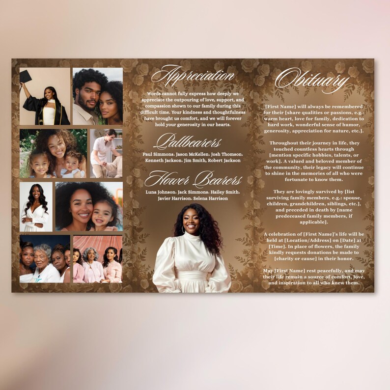 Brown Roses Funeral Program: Trifold Memorial Template (17x11 Canva ...