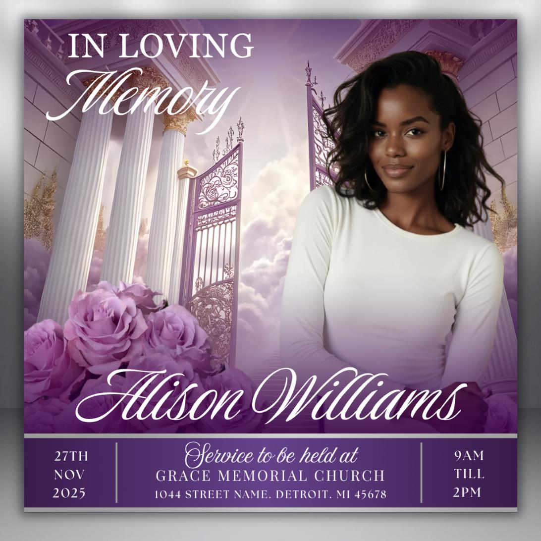 Purple Roses Funeral Announcement Flyer: Obituary, Celebration of Life