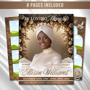Plantilla de programa funerario Brown Roses: Memorial de 8 páginas (Canva PDF)