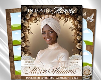 Brown Roses Funeral Program Template: 8-Page Memorial (Canva PDF)