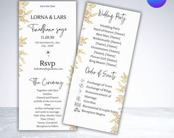 Pode incluir: Conjunto de convites de casamento e cartões de detalhes do evento. O design apresenta detalhes florais dourados em um fundo branco. O convite inclui nomes, informações de RSVP e detalhes da cerimônia. O cartão do evento lista os convidados e a ordem dos eventos.