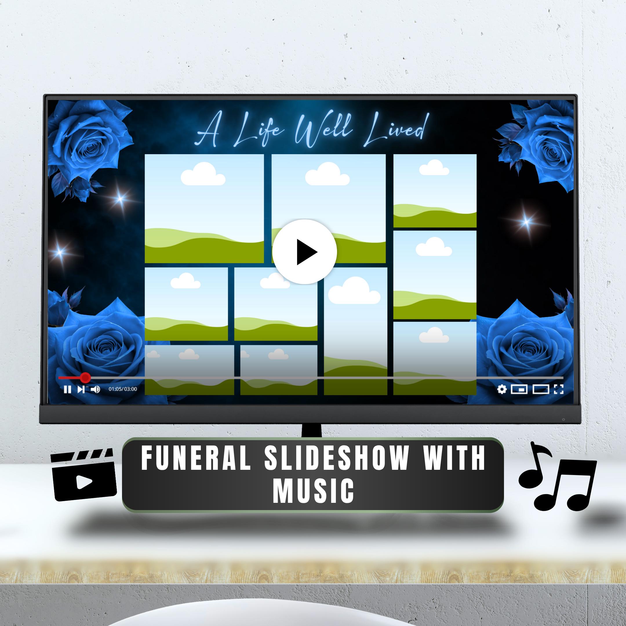 Blue & Black Funeral Slideshow Template, Celebration of Life (canva, 30 ...